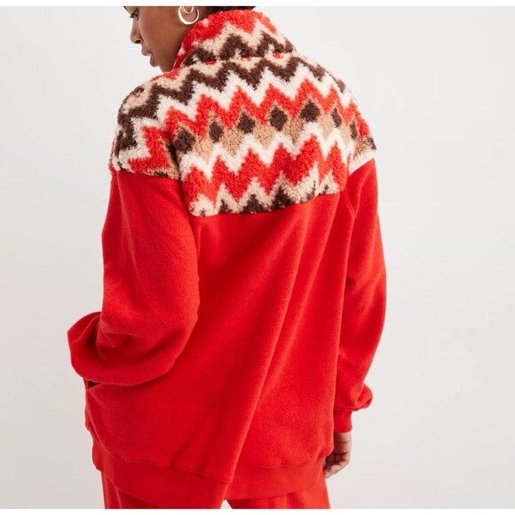 Aerie Hometown Holiday 1/4 Zip Sweatshirt Womens L Oversized Sherpa Fleece Red - Picture 2 of 9